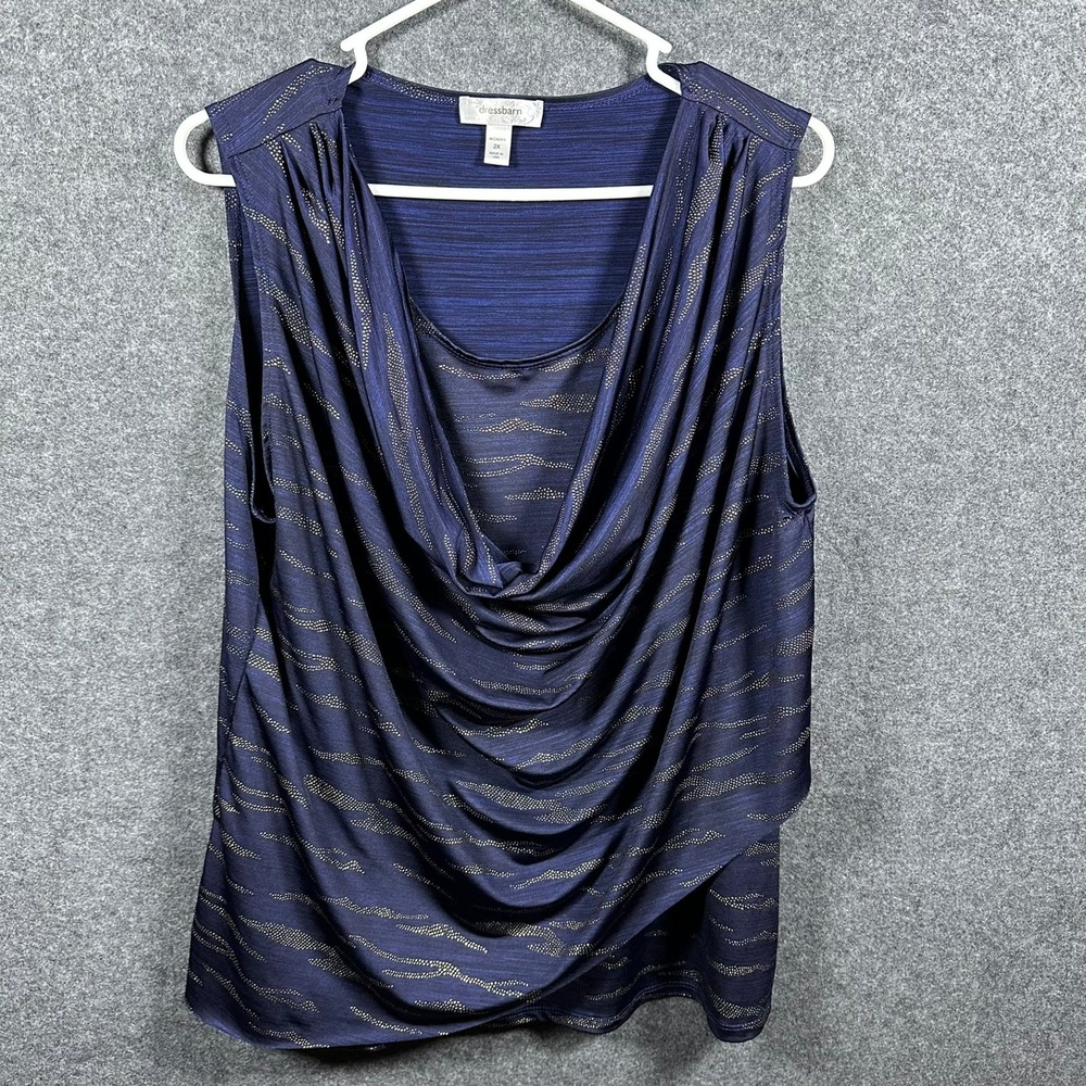 Dressbarn Womens 2X Navy Blue‎ Gold Studded Cowl Neck Sleeveless Draped Top USA